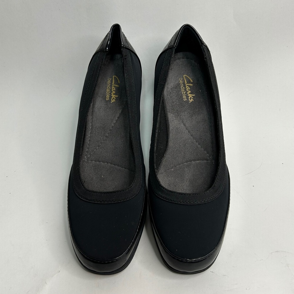 Clarks Bendables Womens Black Textile Patent Wedge Pumps 67116 Size 8.5M Comfort - Picture 3 of 8